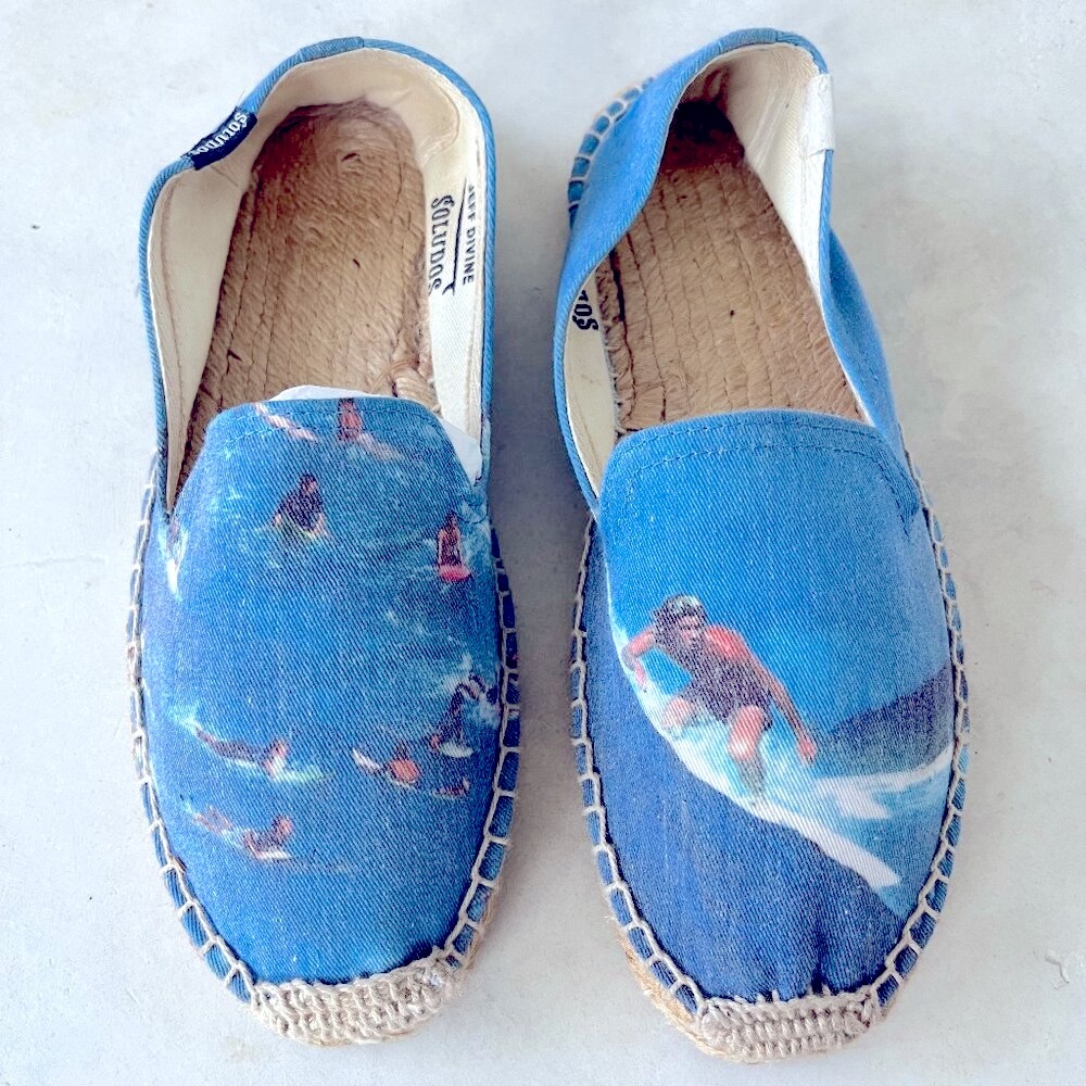 Soludos x Jeff Divine Espadrilles • Surf Print Blue Slip-On Flats • Size 7